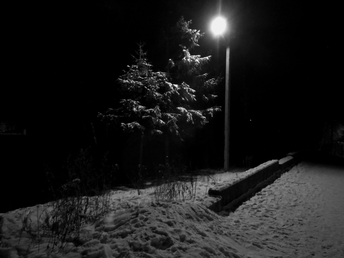 Фонарь зимой ночью
